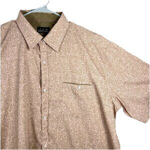 Public Record Doodle Print Button Up Front Short Sleeve Shirt Mens Size 3XL Tan